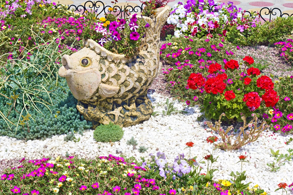 A gravel flower bed